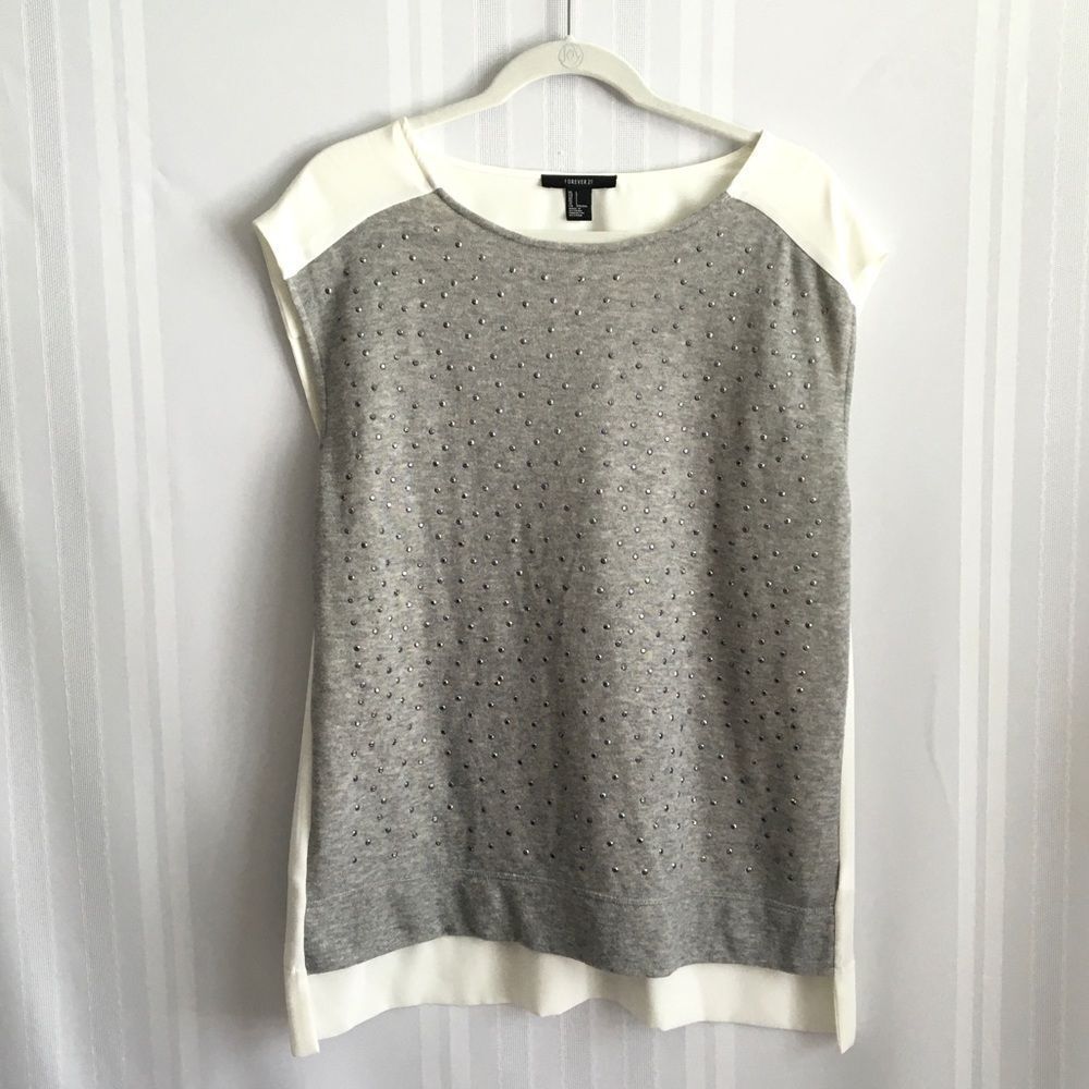 Forever 21 Studded Short Sleeve Blouse Gray Large